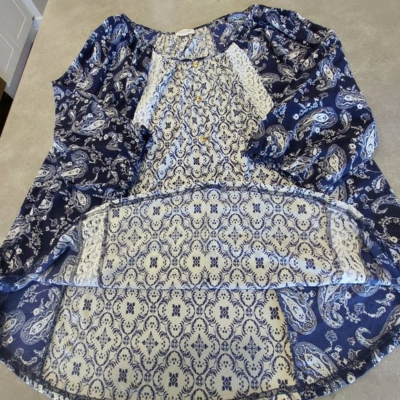 SIREN LILY Women's Long Sleeve Blouse w/Lace Inserts - Blue/White Paisley -Sz 3X - Picture 1 of 8